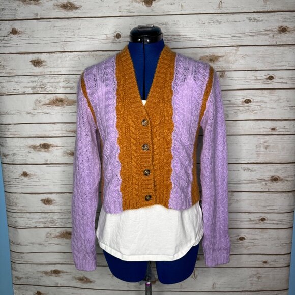 Tach Clothing Colorblock Lilac and Rust Cable Knit Cropped Cardigan Sweater - M - Picture 13 of 14